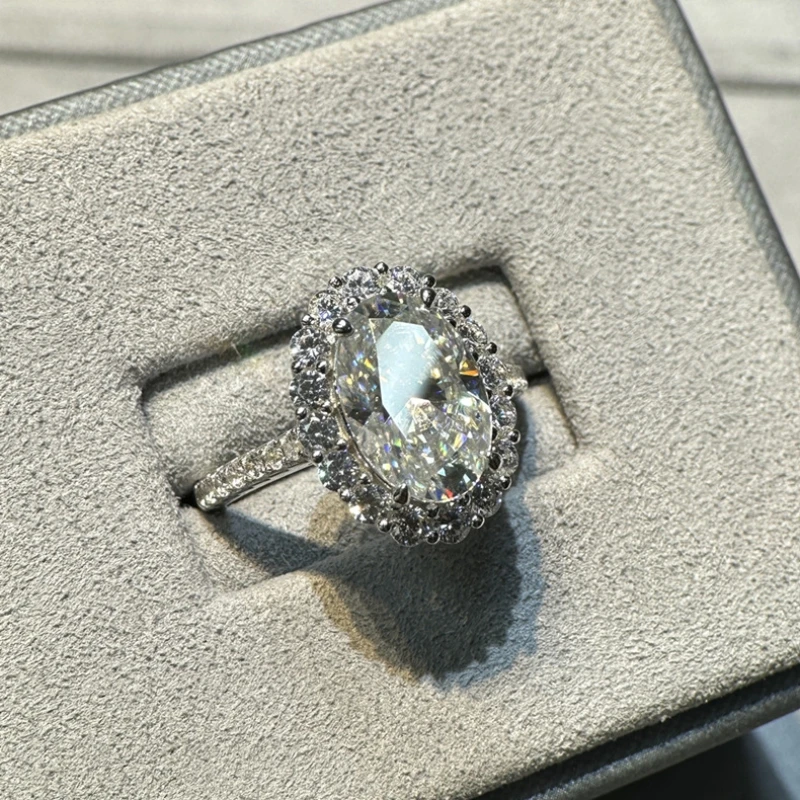 Halaile 4.5CT 8*12 مللي متر مويسانيتي/الزركون الدائري S925 فضة للنساء بيضة الحمام تألق غرامة مجوهرات المشاركة الزفاف #4