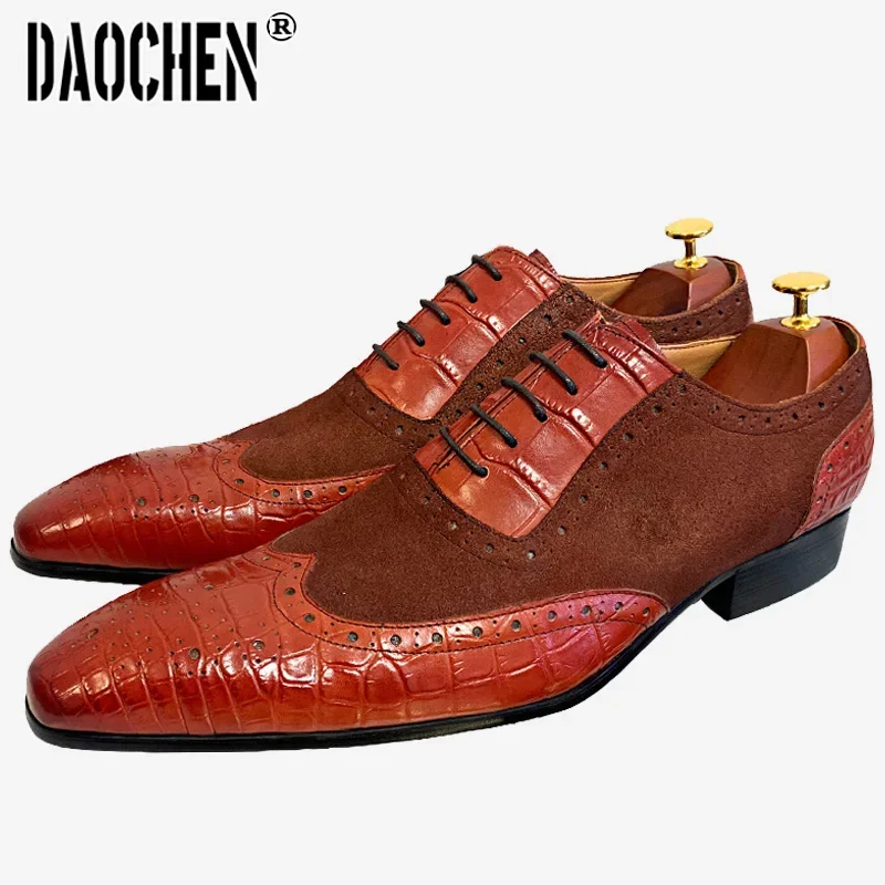 Luxury Men Oxford Shoes Lace Up Mens Pointed Toe Dress Shoes Black Brown Suede Patchwork Crocodile Leather Shoes For Men