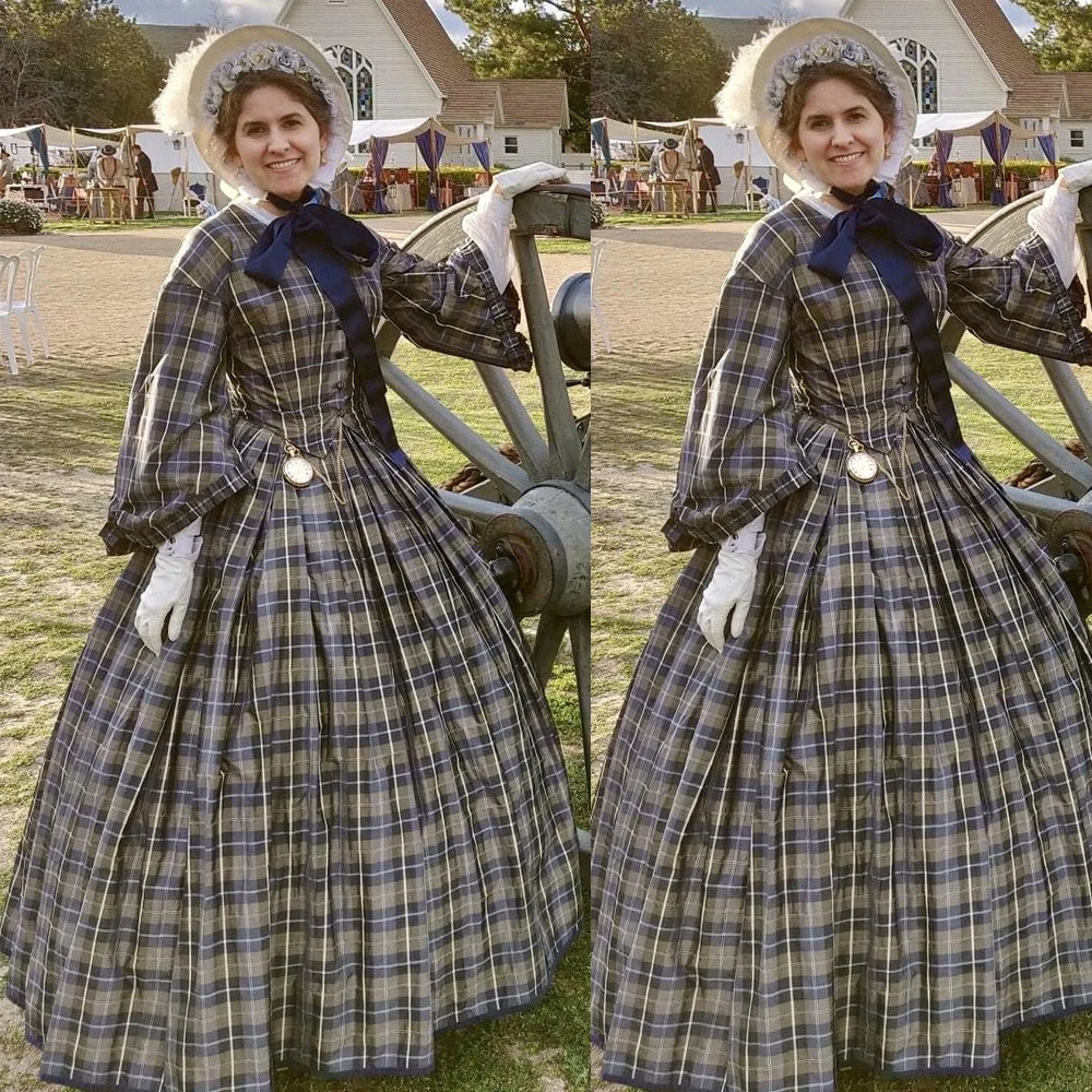 1850er Jahre viktorianisches Dickens Weihnachts-Tartan-Kostüm Vintage Lady Edwardianische Herzogin-Partykleid Bürgerkrieg Southern Belle Ballkleid