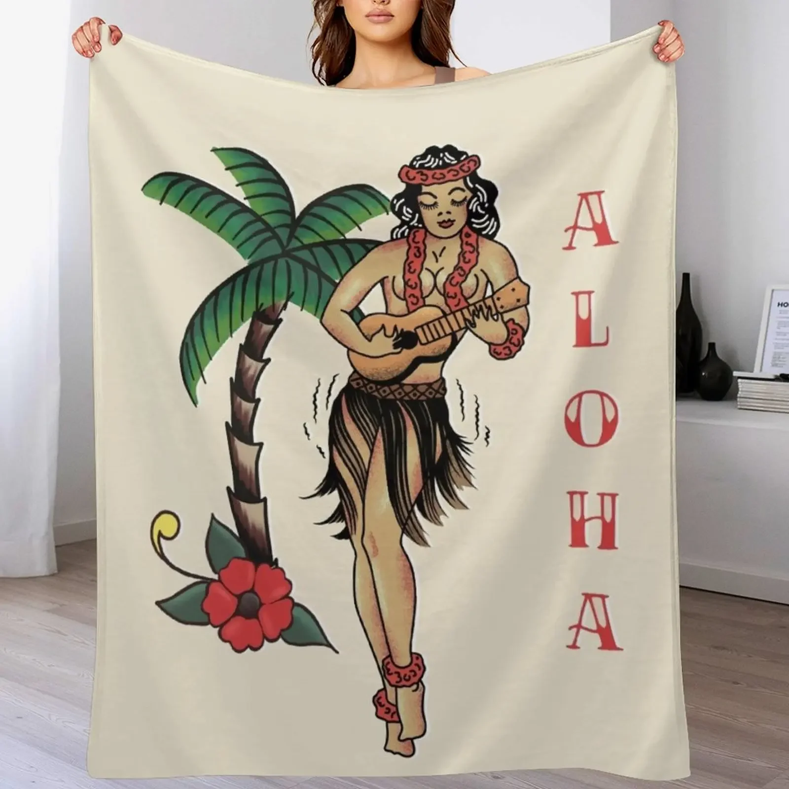 Jerry Style Traditional Aloha Hula Pinup Girl In Hawaii Throw Blanket Furrys funny gift Blankets