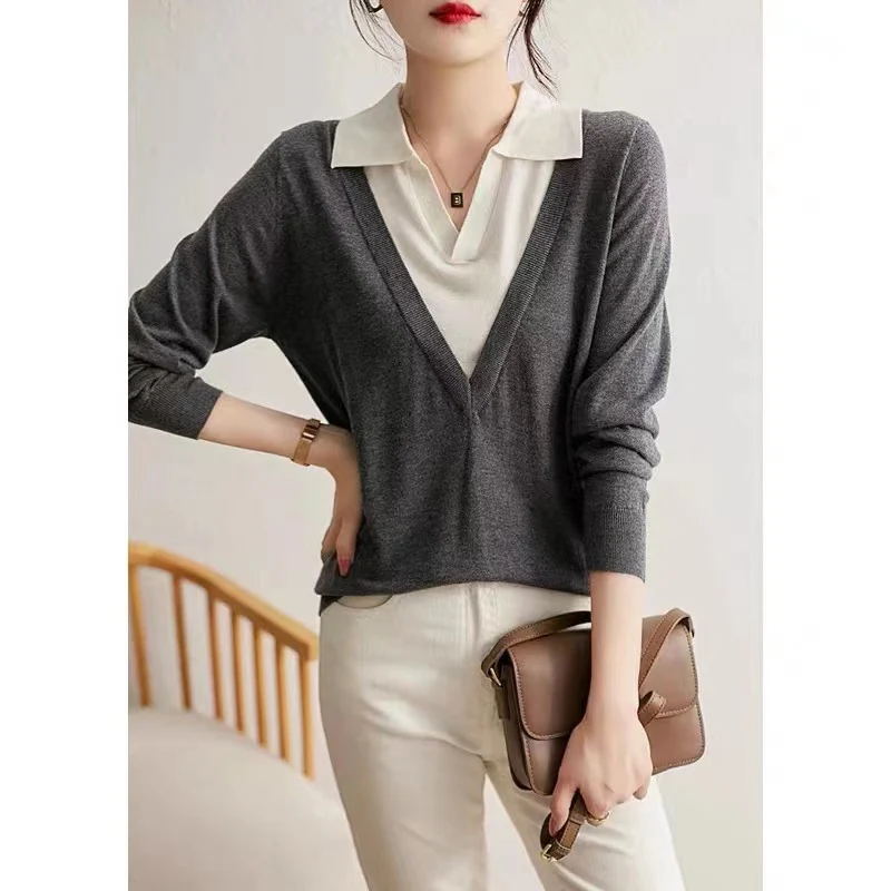 

Women's Early Spring Casual Loose Knitted Tops Vintage Casual Loose Comfortable Simple Sweaters Female Spliced V-neck Knitwear