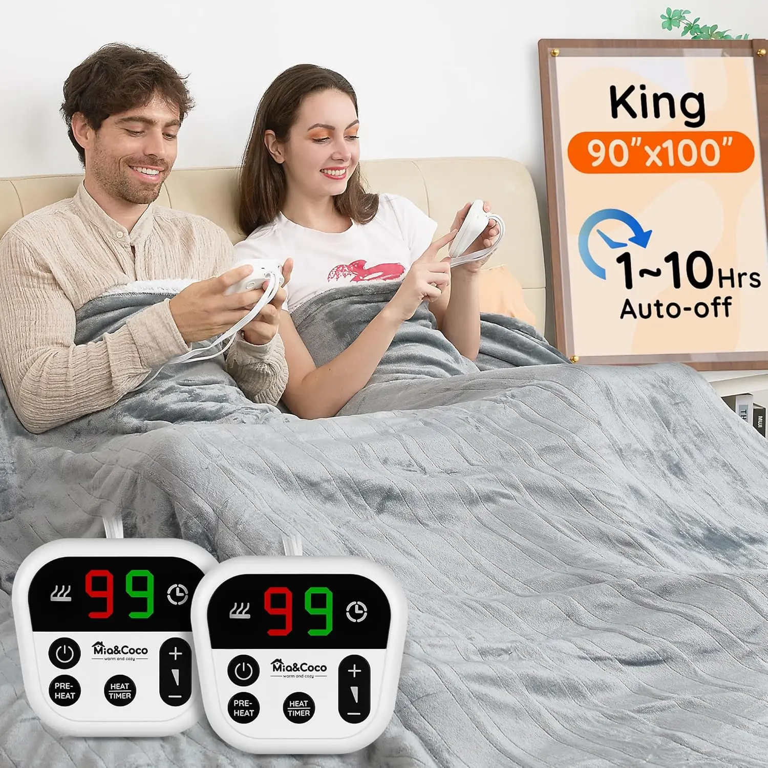 

King Size Electric Blanket 90x100 Inch, Dual Control, 10 Heat Levels, Auto-Off Timer, Fast Heating for Home Office