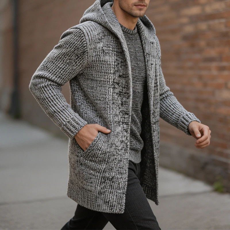 Vintage Hooded Toggle Button Mid‑Length Knitted Cardigan Mens Fall Winter Warm Solid Color Loose Long Sleeve Outerwear Men