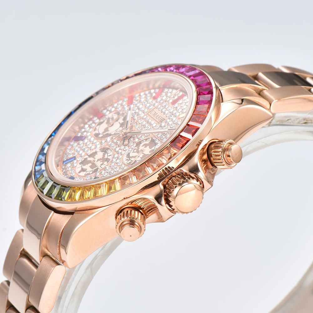تخصيص 39.3 مللي متر ساعة رجالي فاخرة VK63 الهاتفي الأحجار الكريمة الرجال العلامة التجارية كرونوغراف VK63 الياقوت الزجاج جوهرة روزجولد الهاتفي