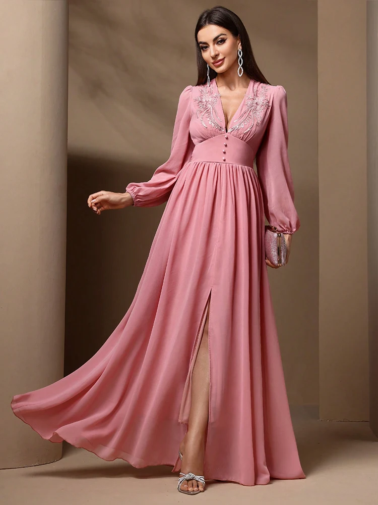 TOLEEN-vestidos hasta el suelo para mujer, moda de estilo industrial pesado, bengalas bordadas, vestido acampanado de gasa, vestido de dama de honor de boda