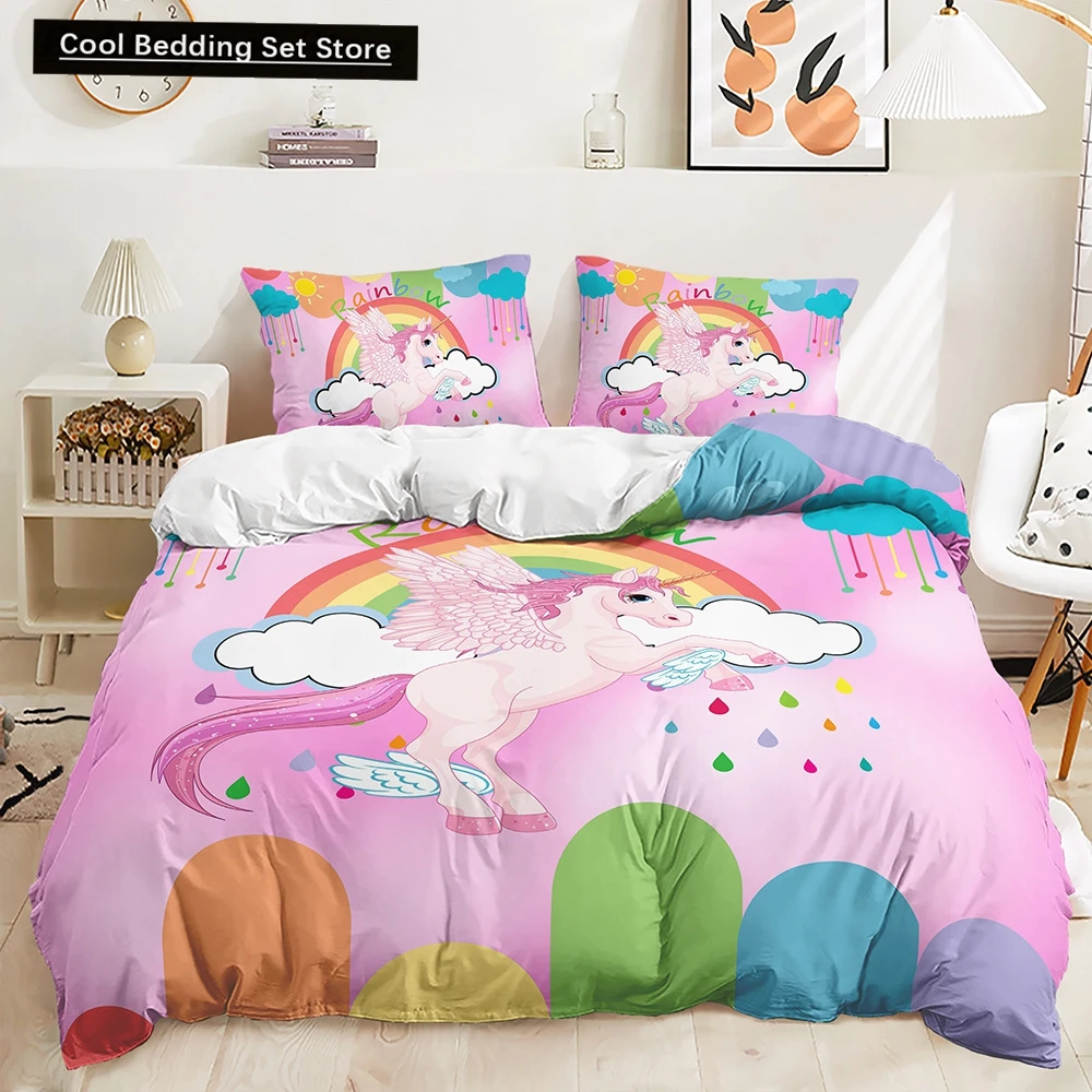 Rainbow Unicorn Bedding Set King Queen Size Rainbow Unicorns Duvet Cover Set with Pillowcase Polyester Bed Linen for Kids Girls