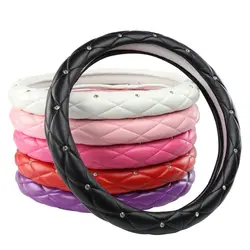 Fashion Women PU Leather Car Steering Wheel Cover Diamond Black Pink Auto Wheel Covers Cases for Lady Girls Car Accessories