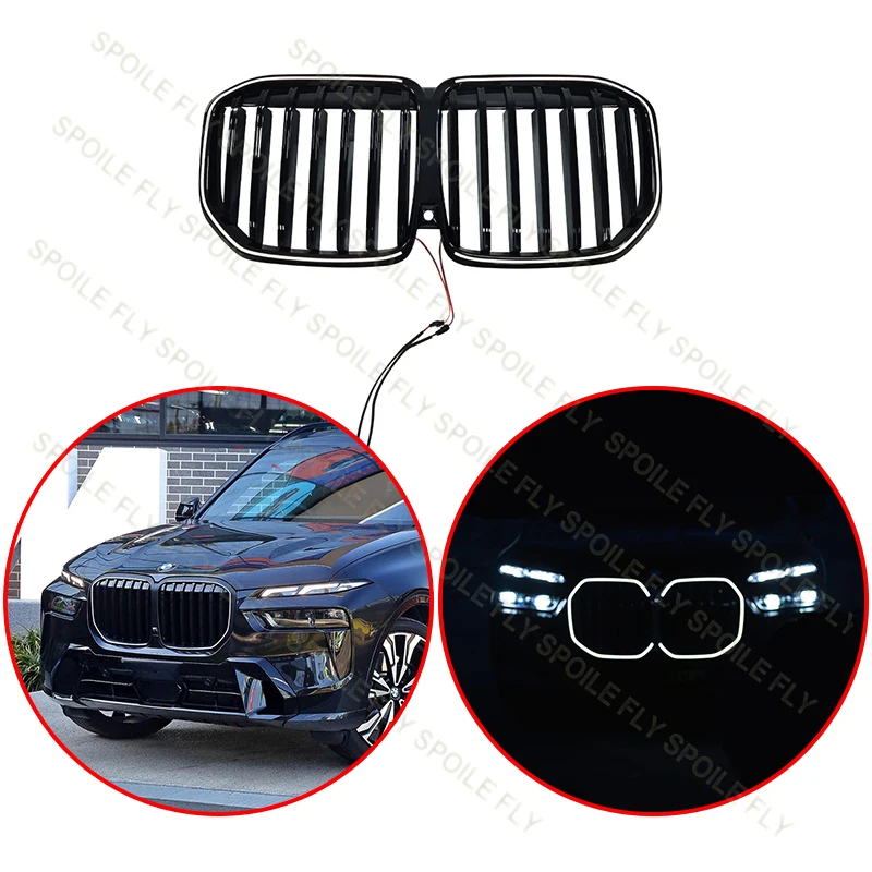 

For BMW X7 G07 LCI 2023 2024+ High Quality M-Performance Style Car Front Bumper Grille With LED Light Strip Grill Glossy Black