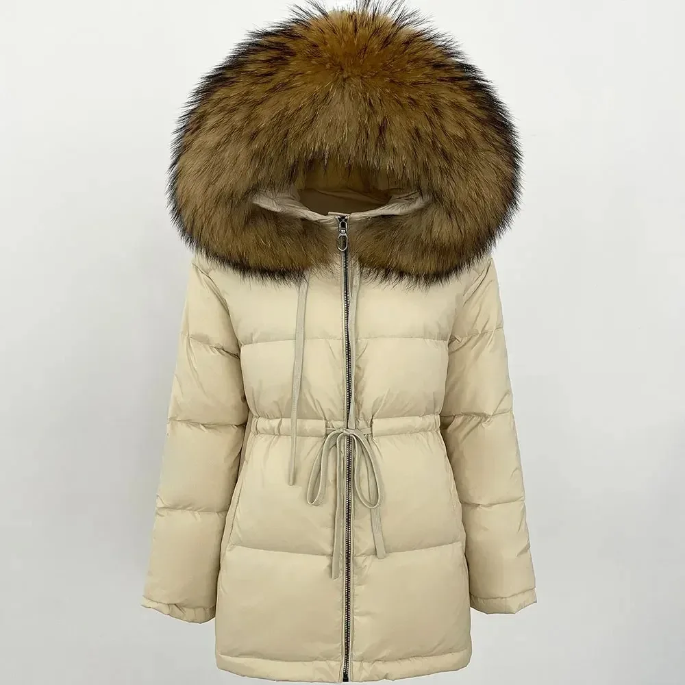 Pelliccia di procione naturale Cappotto di pelliccia caldo Donna Impermeabile 90% Piumino d'anatra Con cappuccio Grande fascia Cravatta Parka Piumino invernale femminile