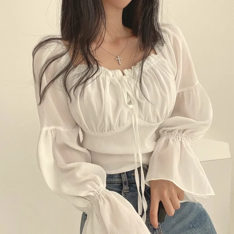 French Style Blouses for Women Prevalent Solid Flare Sleeve Thin V-neck Lace-up Design Slim Sexy Girls Spring Autumn New Simple