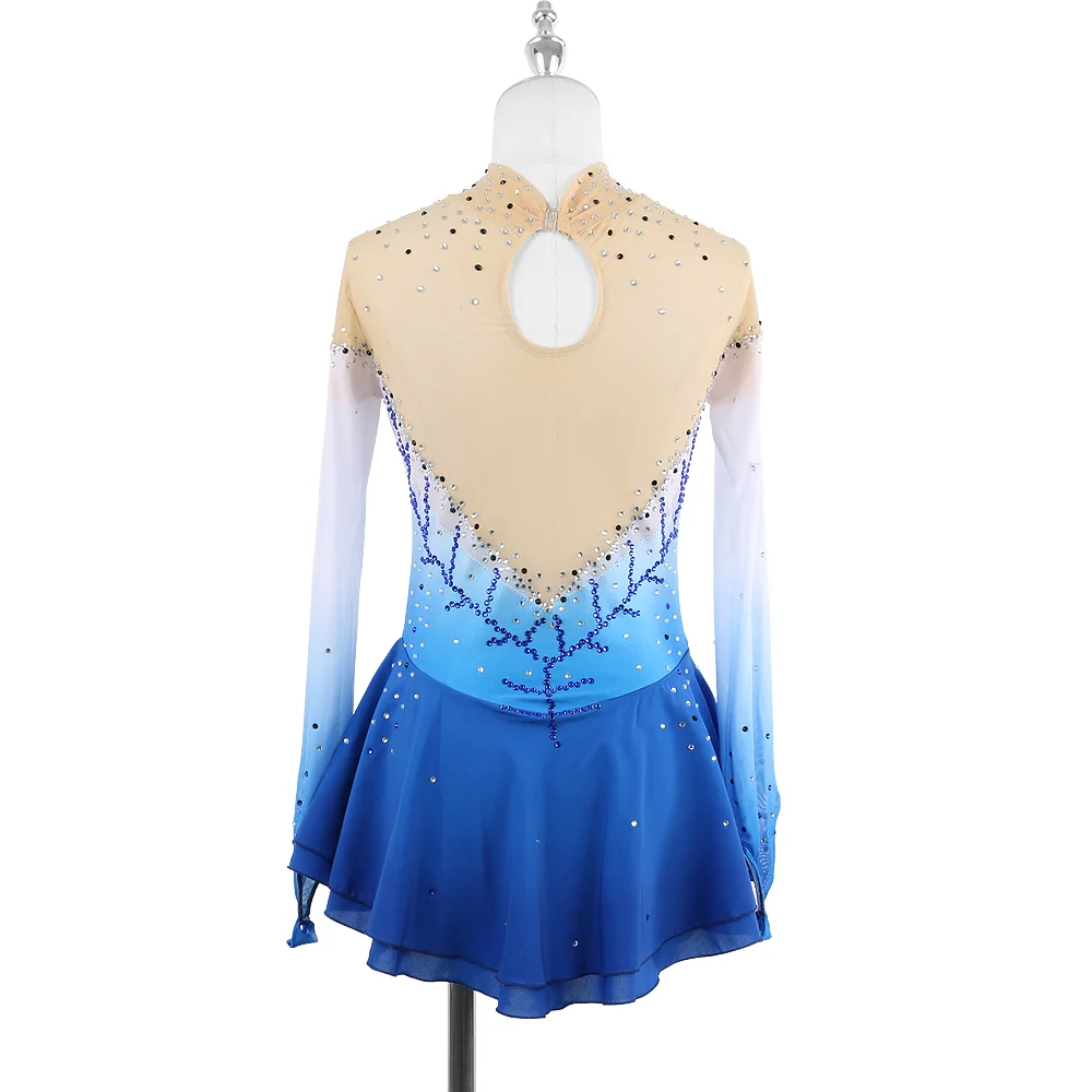 ZAGITOVA Blau Farbverlauf Eiskunstlauf Kleid Frauen Mädchen Langarm Eis Eiskunstlauf Rock Strass Wettbewerb Mesh Rock