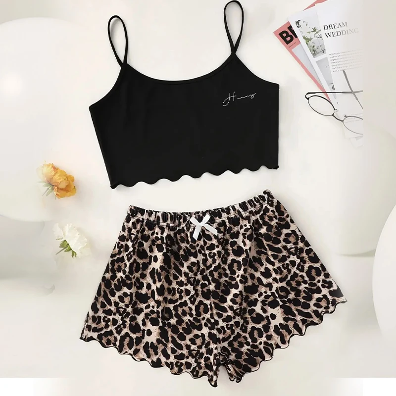 Fashionable New Letter Camisole Vest Paired with Leopard Print Bow Shorts Summer Casual Home Clothing Set