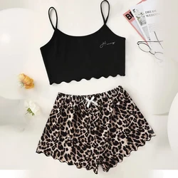 Fashionable New Letter Camisole Vest Paired with Leopard Print Bow Shorts Summer Casual Home Clothing Set