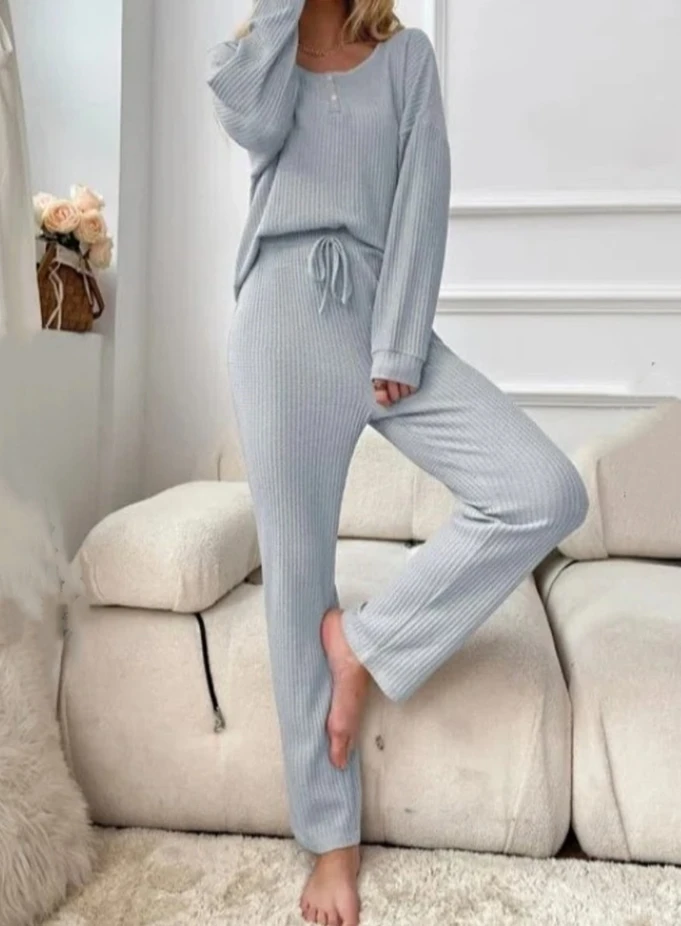 Womens Two Piece Sets Outfit Waffle Knit Top Tie Up Pants Pajama Set 2023 Autumn Winter Spring New Fashion Casual Home Suit