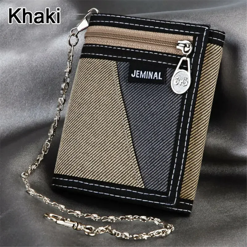 2024 New Fashion Mens Short Tri-Fold Wallet Best Soft Canvas Purse Bifold Male Wallet Casual Money Bag with Chain 5 Colors