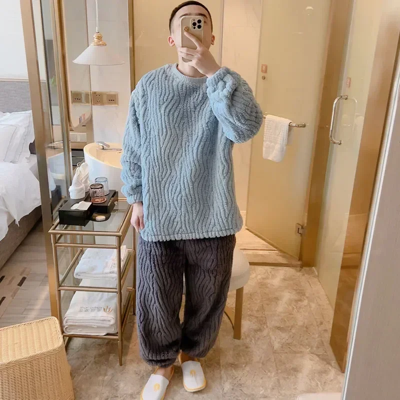 Loose Warm Homewear Sleeve Fleece Piece Set Sets Thick Neck Winter Fashion Solid Pajama Men's Coral Long 2 Color