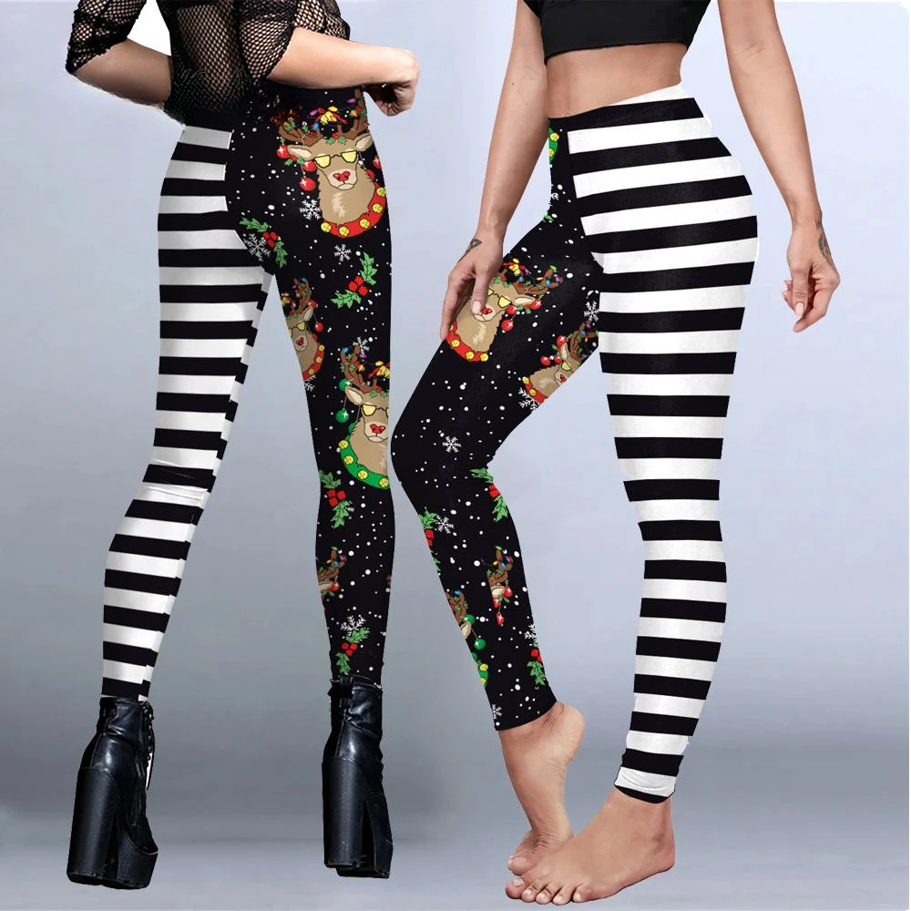 Christmas Leggings Women Xmas Elk Stripe Print Pants Sexy Tights Workout Trousers Festival Carnival Leggings