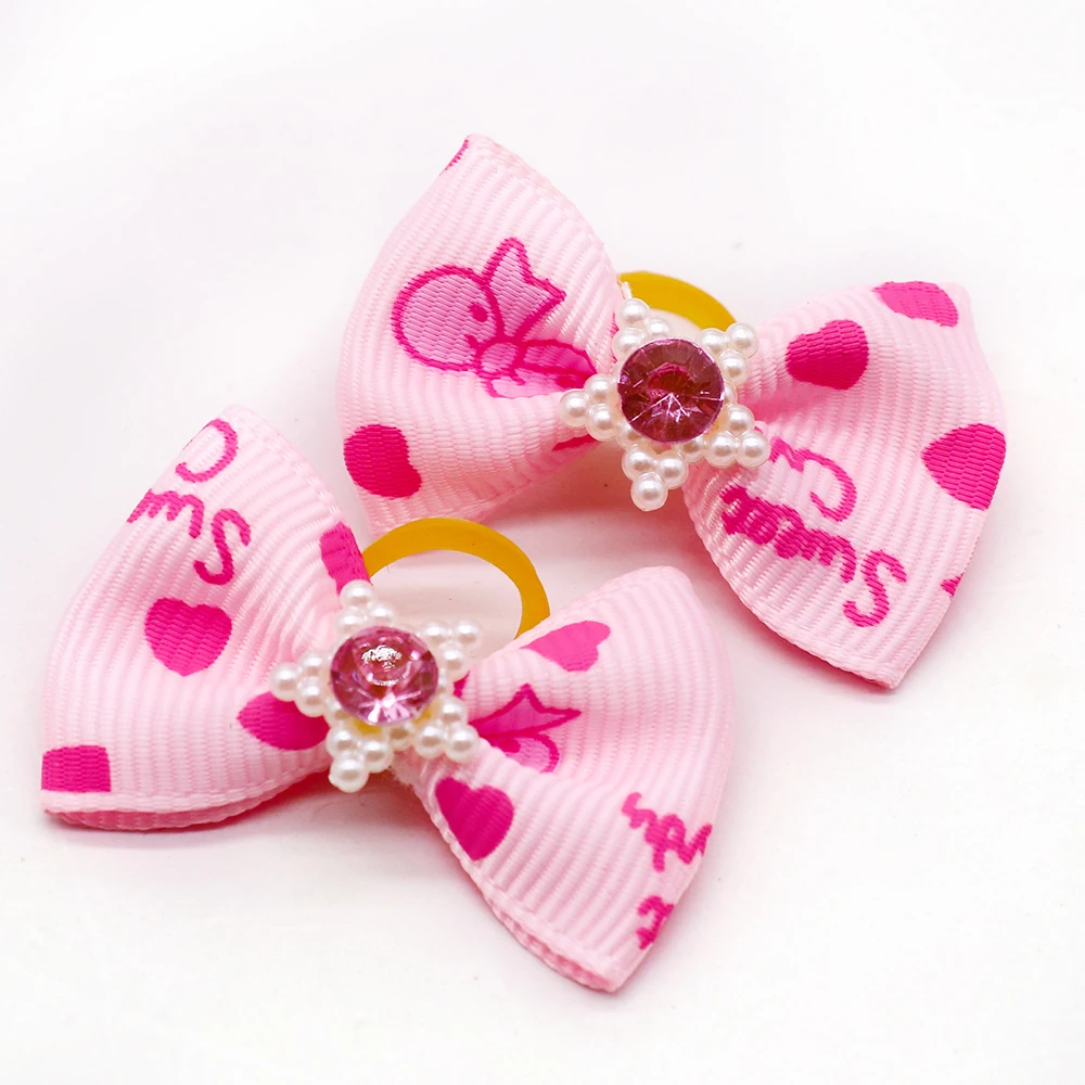 20pcs Pink Dog Bows Valentine\'s Day Hair Bows For Small Dogs Cute Cat Dog Bows Headwear Rubber Bands Pet Accessories