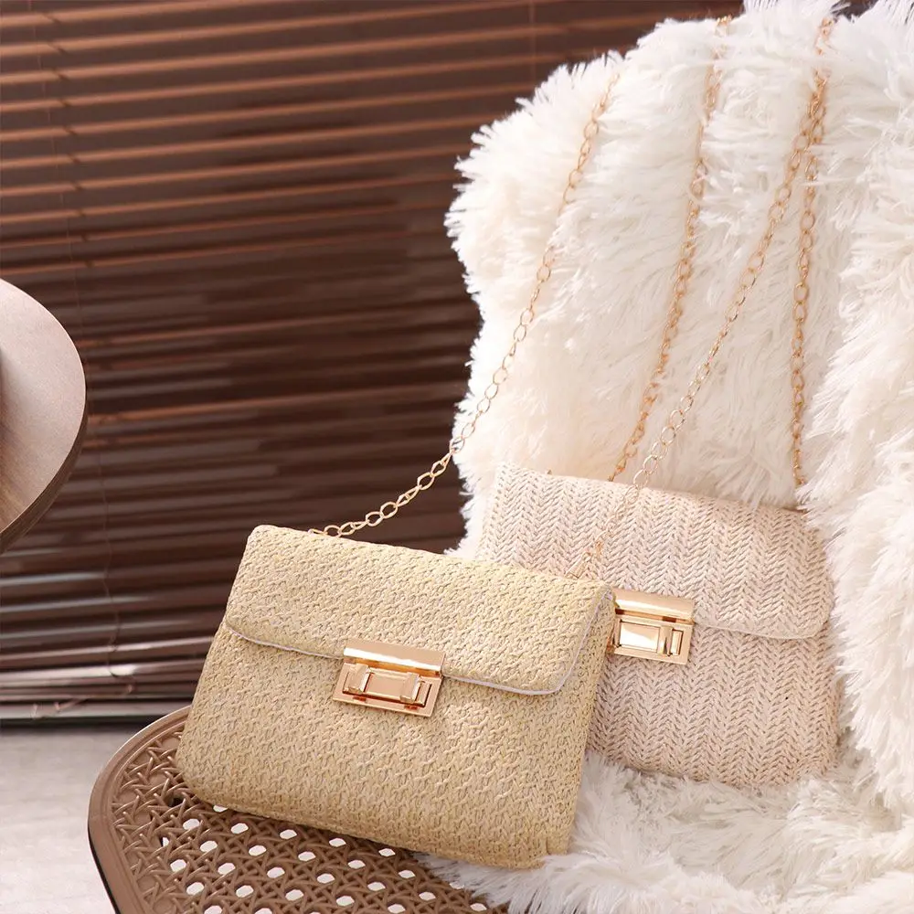 

Элегантная соломенная сумка через плечо с замком и пряжкой, тканая богемная маленькая квадратная сумка, большая вместительная пляжная сумка на плечо с цепочкой на каждый день