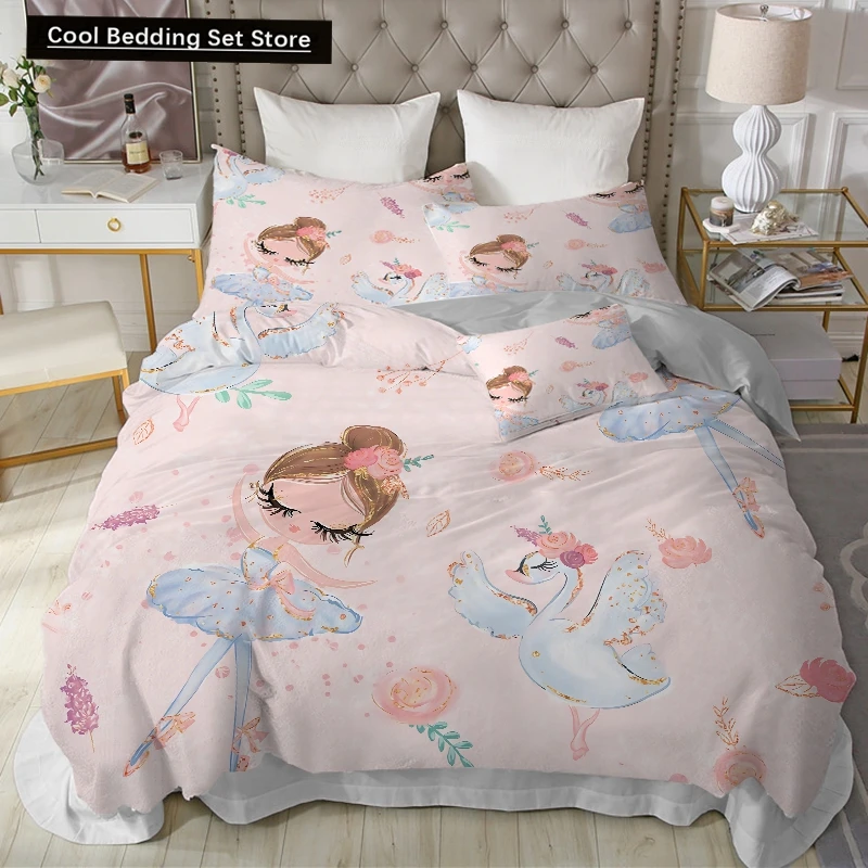 

Ballet Dancing Girls King Queen Duvet Cover Lovely Little Ballerinas Bedding Set for Kids Pink Princess 2/3pcs Soft Quilt Cover