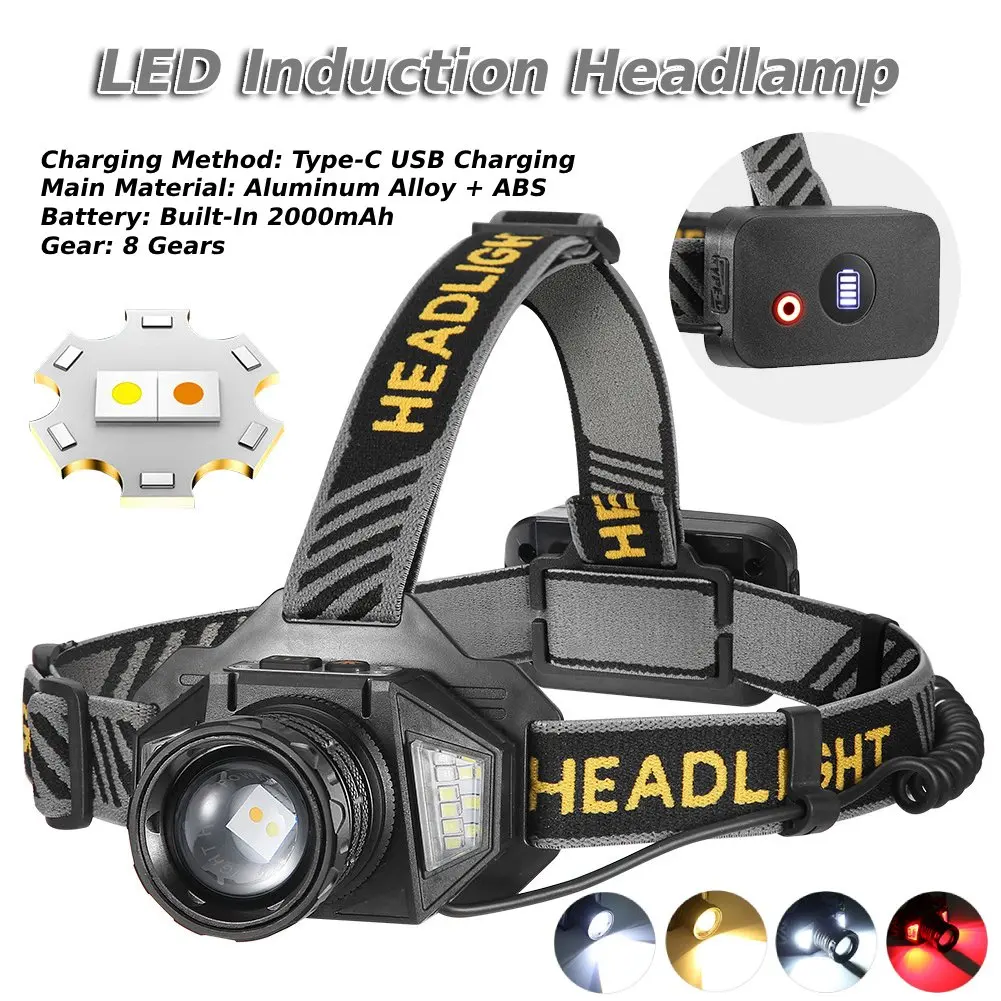 

LED Induction Headlamp with 8 Modes Powerful Headlight Torch USB Rechargeable Power Display for Outdoor Camping Cycling Hiking