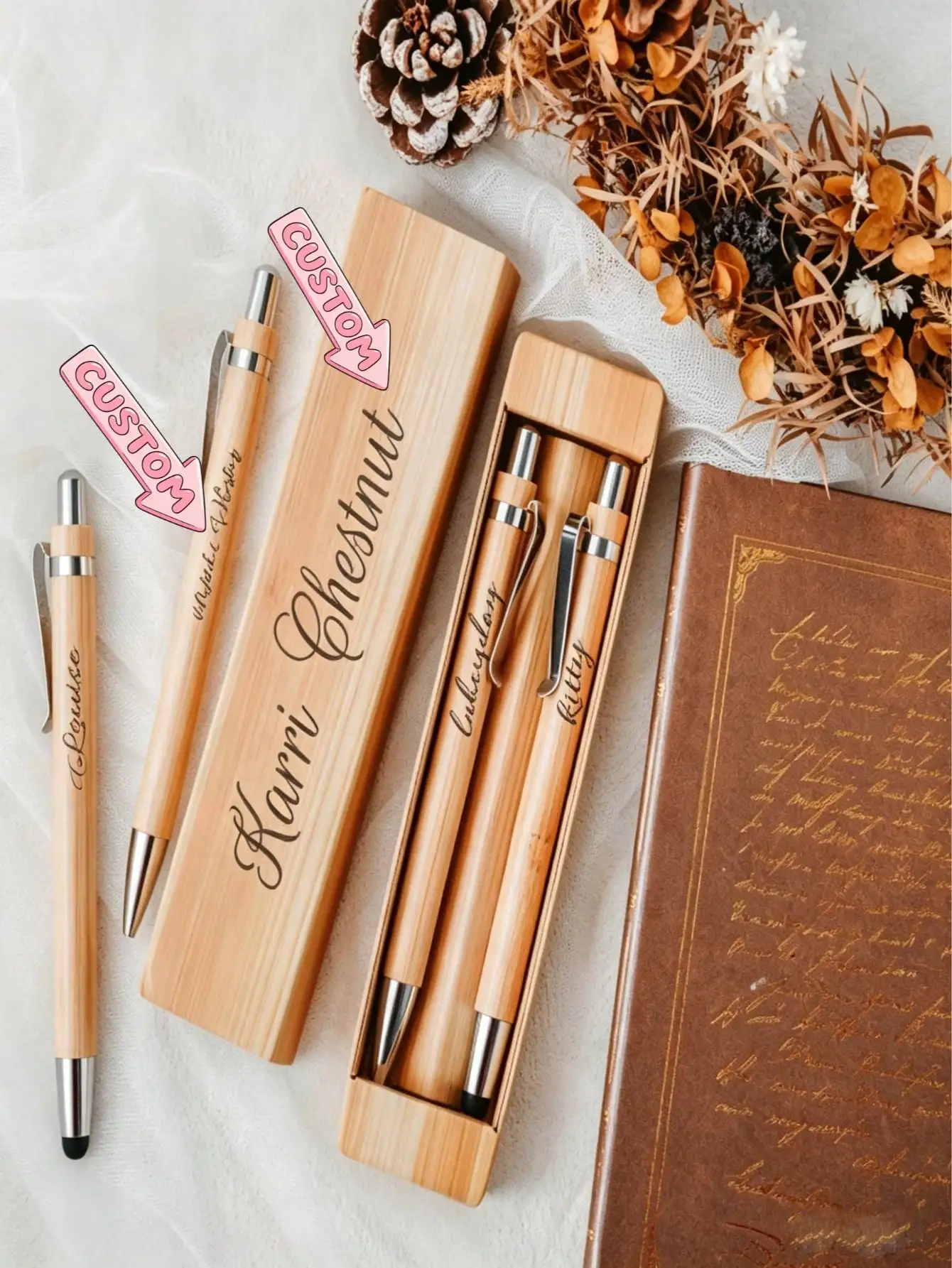 Custom Carved Bamboo Gift Set, 2-Pack Wooden Ballpoint Pens.