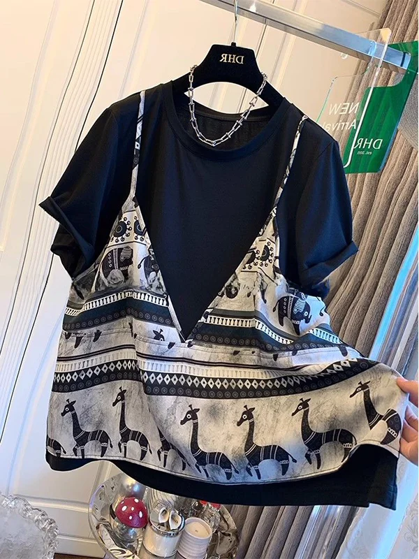 

plus Size 300 Pou High End Strap Vest Fake Two-Piece ort Sve T-irt ex Loose Top Trendy Casual round Ne irt