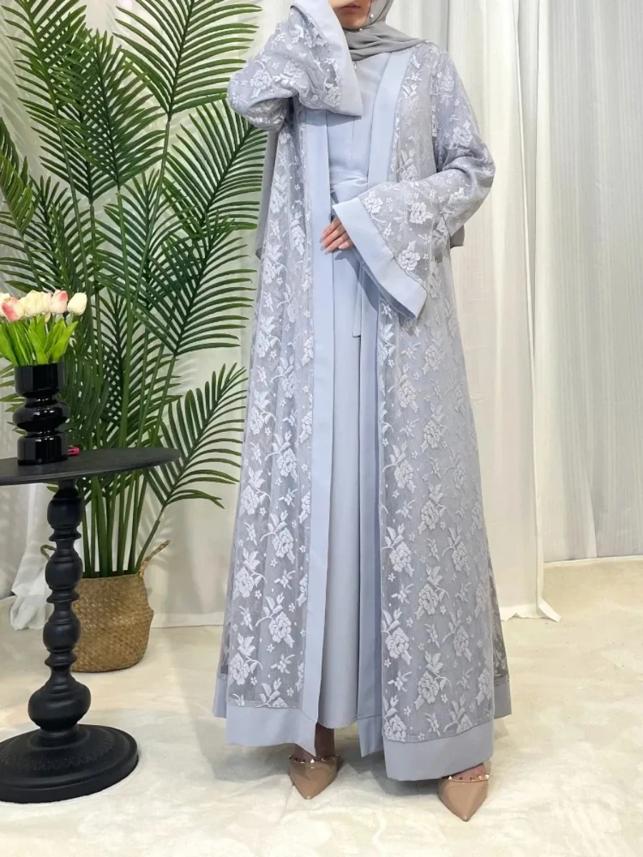 Dubai Women Eid Muslim Lace Abaya Inner Dress Set 2 Piece Kaftan Islam Arab Long Robe Vestidos Morocco Flowers Abayas Long Robe