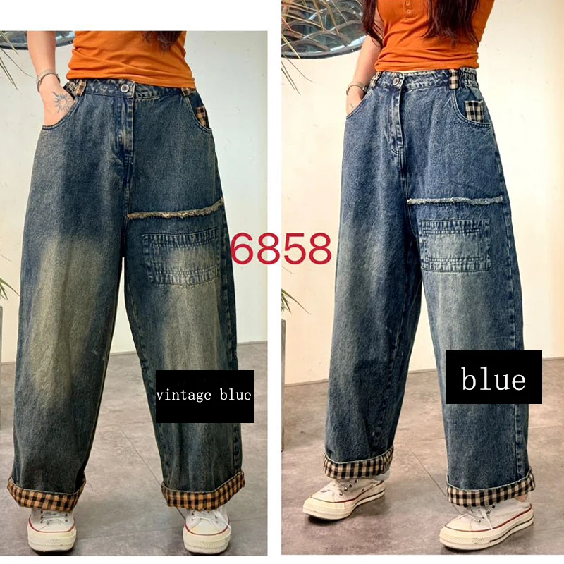 Masss Wasss Designer Automne Femmes Vintage Plaid Jeans Lâche Pantalon En Denim Décontracté 2025 Dames Classique Décontracté Taille Haute Pantalon
