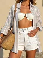 Chemise à manches longues rayée beige et blanche pour femme, chemisier ample à col boutonné avec poches, tenue décontractée pour la plage 3