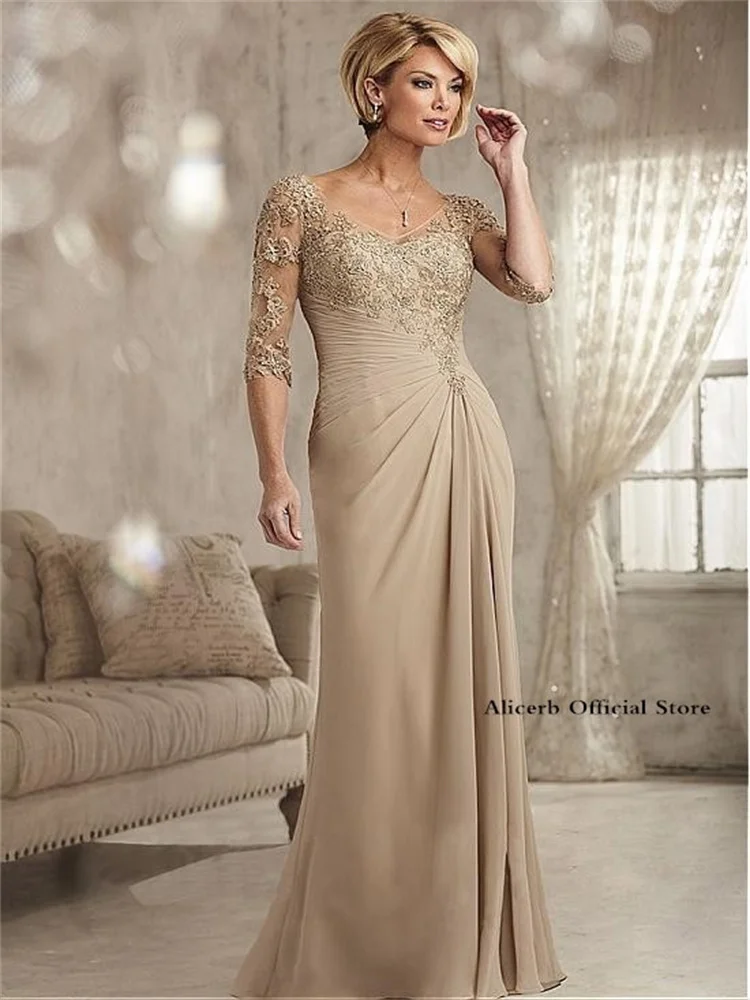 Elegant Mother Of The Bride Dresses Beaded Lace Champagne Prom Dress Chiffon Half Sleeves Groom Mother Evening Dress Custom Made