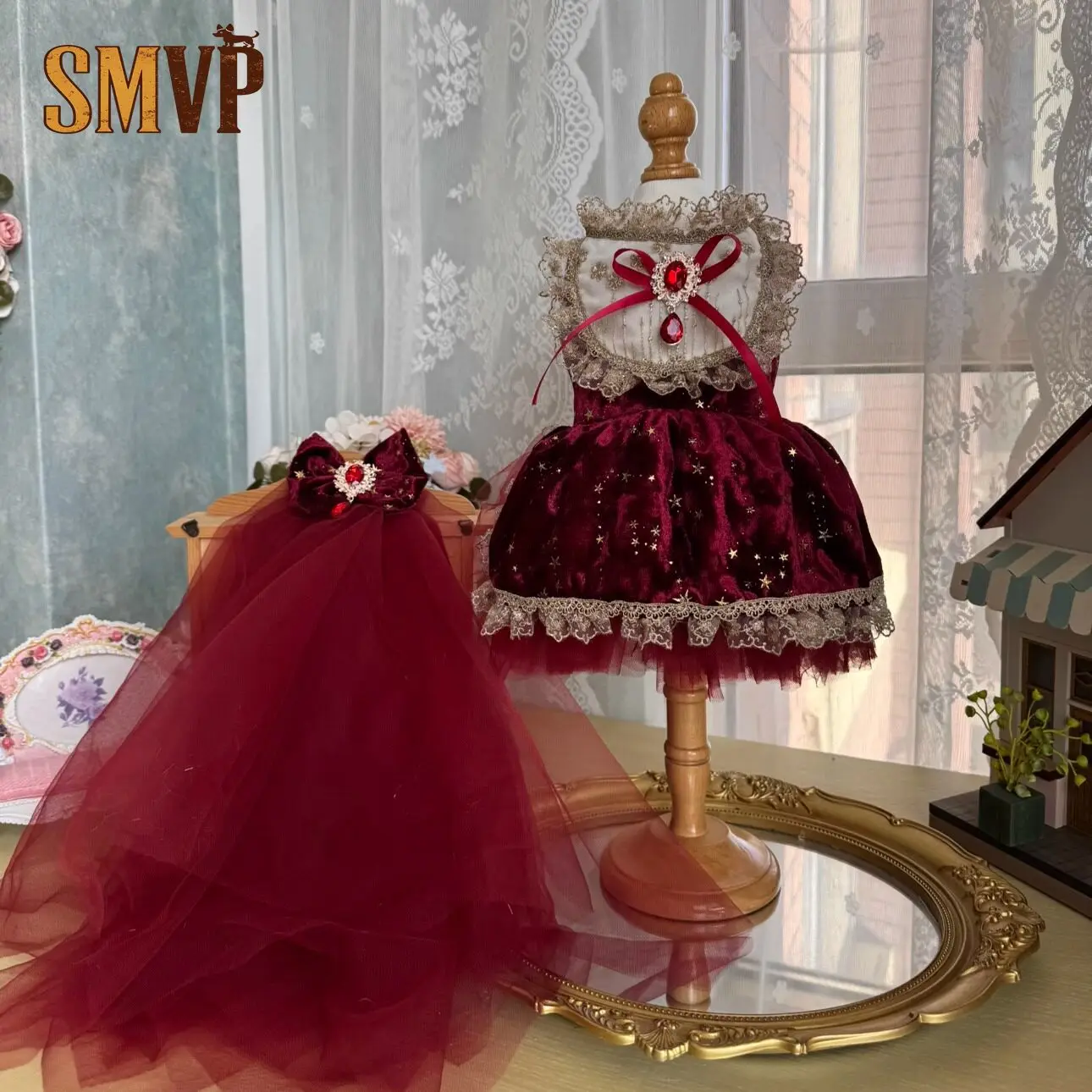 

Original Design Red Velvet Fabric High Quality Gemstone Decoration Wedding Evening Gown Pet Kitten Small Dog Can Wear