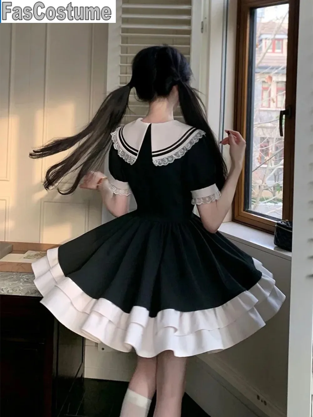 ชุดสีดําผู้หญิงโบว์ญี่ปุ่นน่ารัก Lolita ผู้หญิงหวานลูกไม้พัฟแขนนักเรียนชุดปาร์ตี้ SAILOR COLLAR Kawaii ชุด