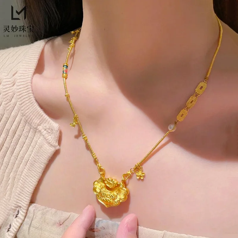 

9999 24K real gold luxury jewelry double hook sweater chain Ruyi fish lock pendant burn blue versatile necklace for women