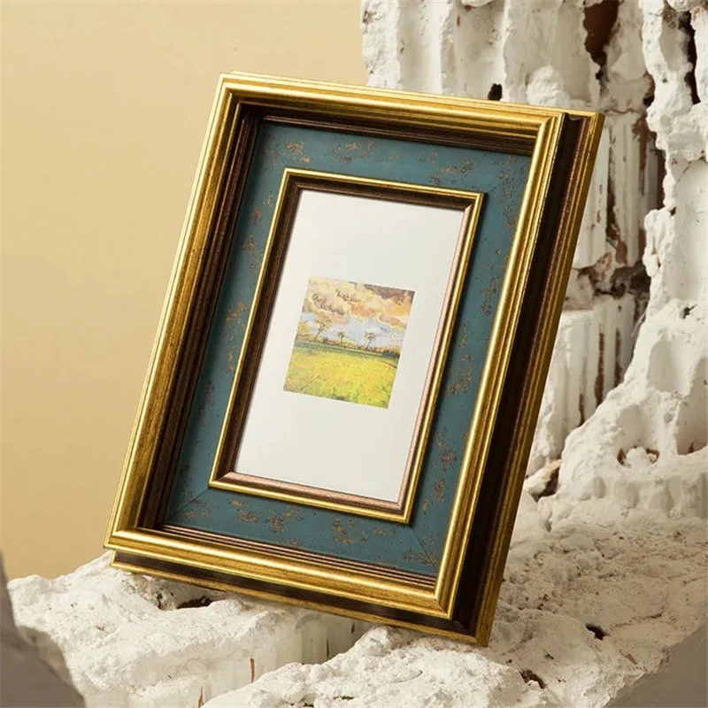 American Retro Style Golden Border Small Photo Frame Classic Home Decor Photo Frame Ornament Solid Color Rectangle Photo Frame