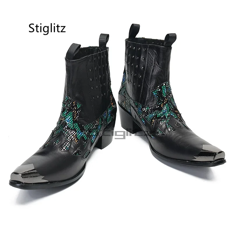Patchwork Totem Genuine Leather Men's Boots High Heels Metal Pointed Toe Shoes Rivet Slip On Ankle Boots Business Party Shoes