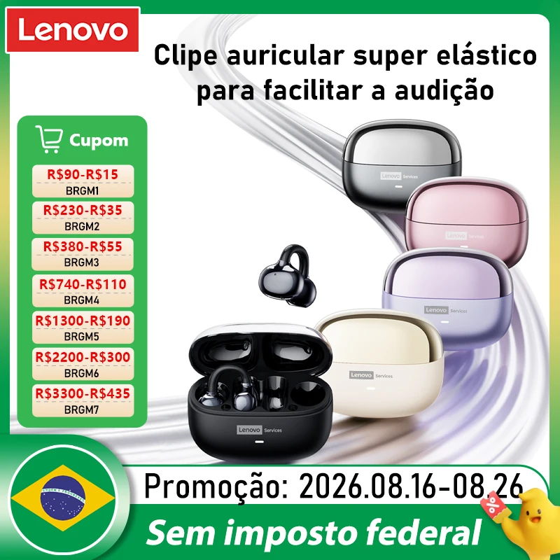 Fones de Ouvido Sem Fio Lenovo LE302 OWS com Clip para Ouvido, Baixa Latência, Chamada HD, Bluetooth, Música HiFi, Esportivos e Modernos