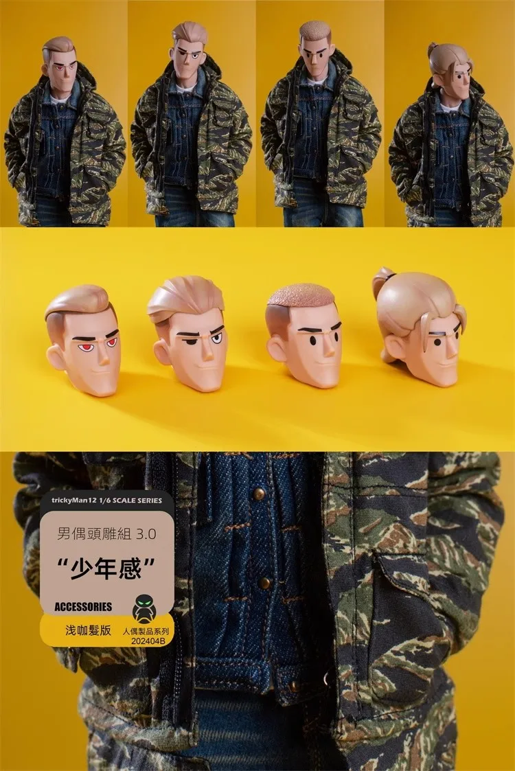 

TrickyMan12 202404 1/6 Soldier Head Carving 3.0 Black Hair/Light Coffee Model Toy Accessories Fit 12'' Action Figures In Stock