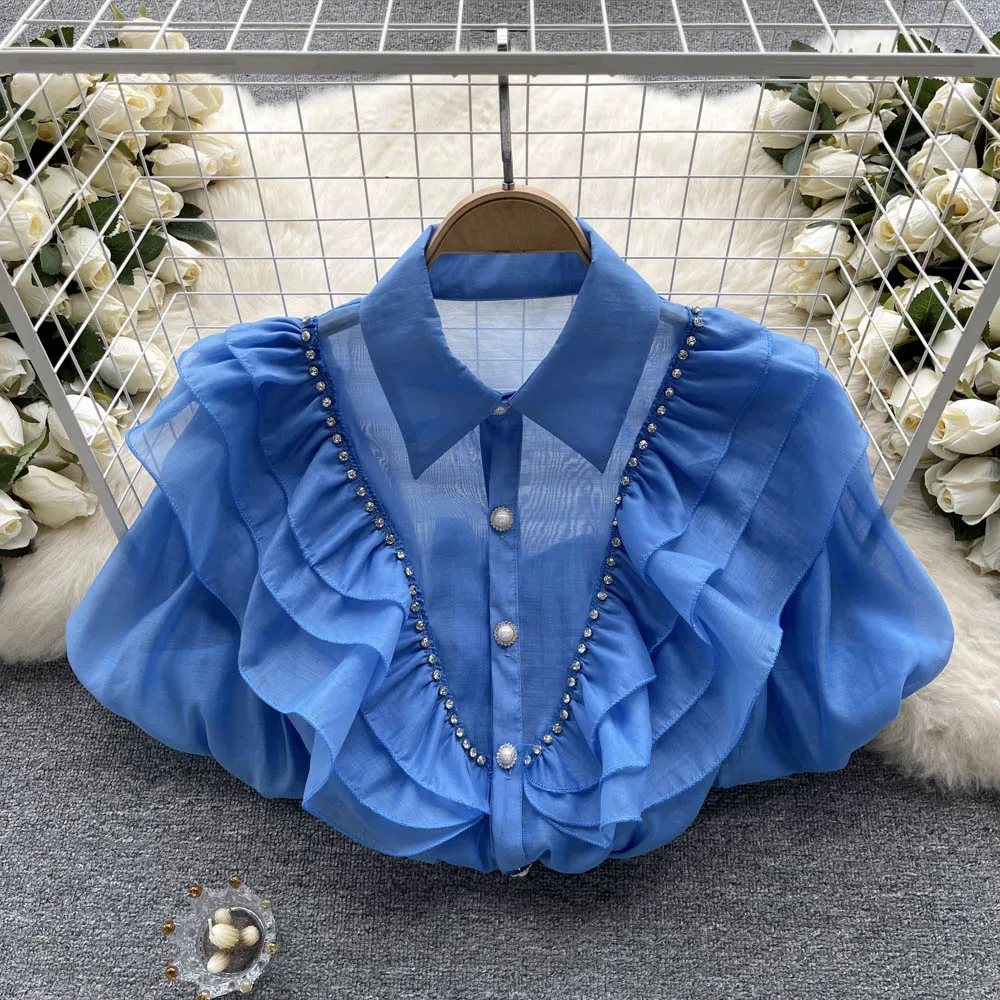 Vintage Rhine Stone Ruffle Short Sleeve Loose Blouse Slim Elegant Fashion Crop Top Sexy Spring Summer Women Shirt