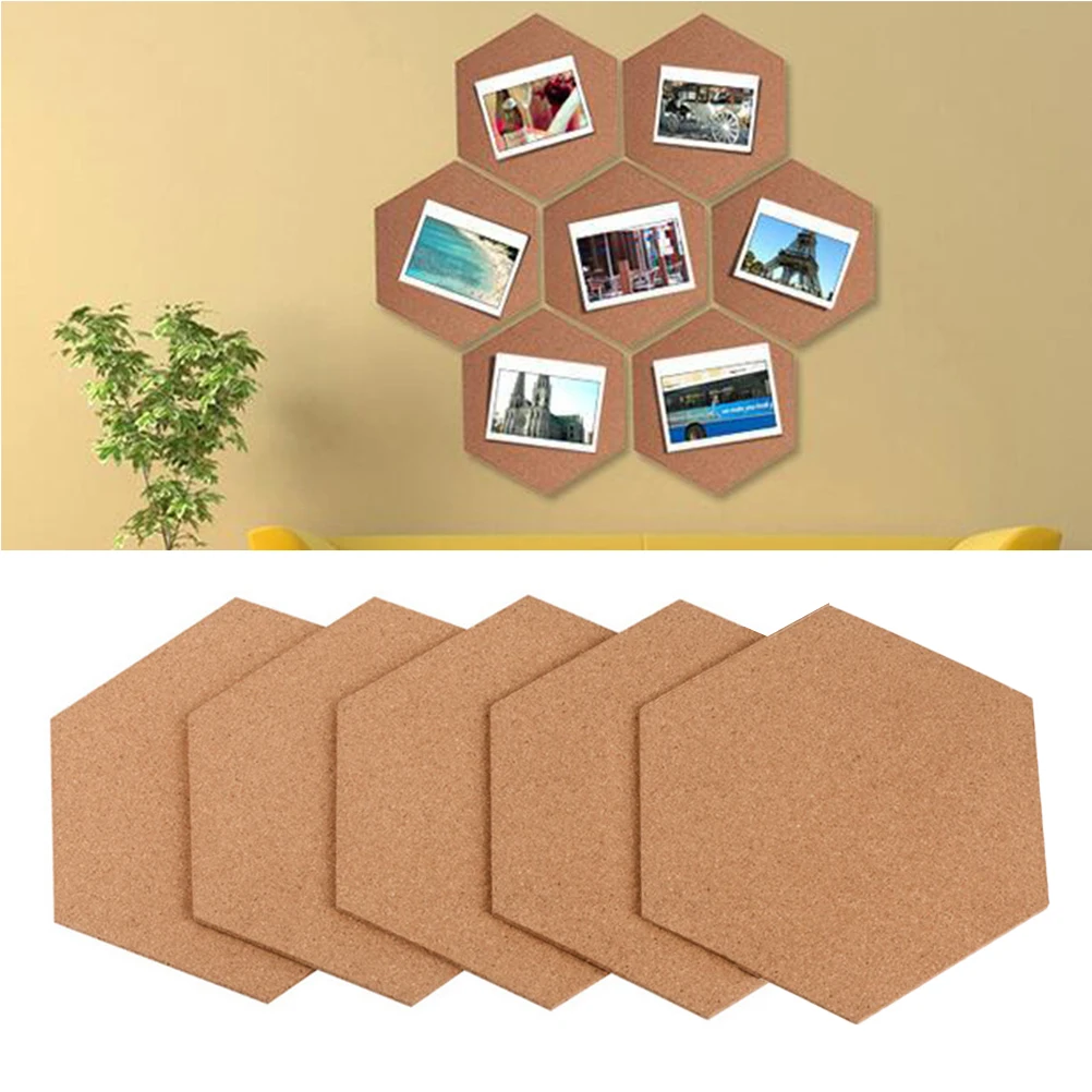 

5pcs Hexagon Cork Bulletin Notice Board Wall Decor Tile Adhesive Strong Glue Included Memo Board Home Office