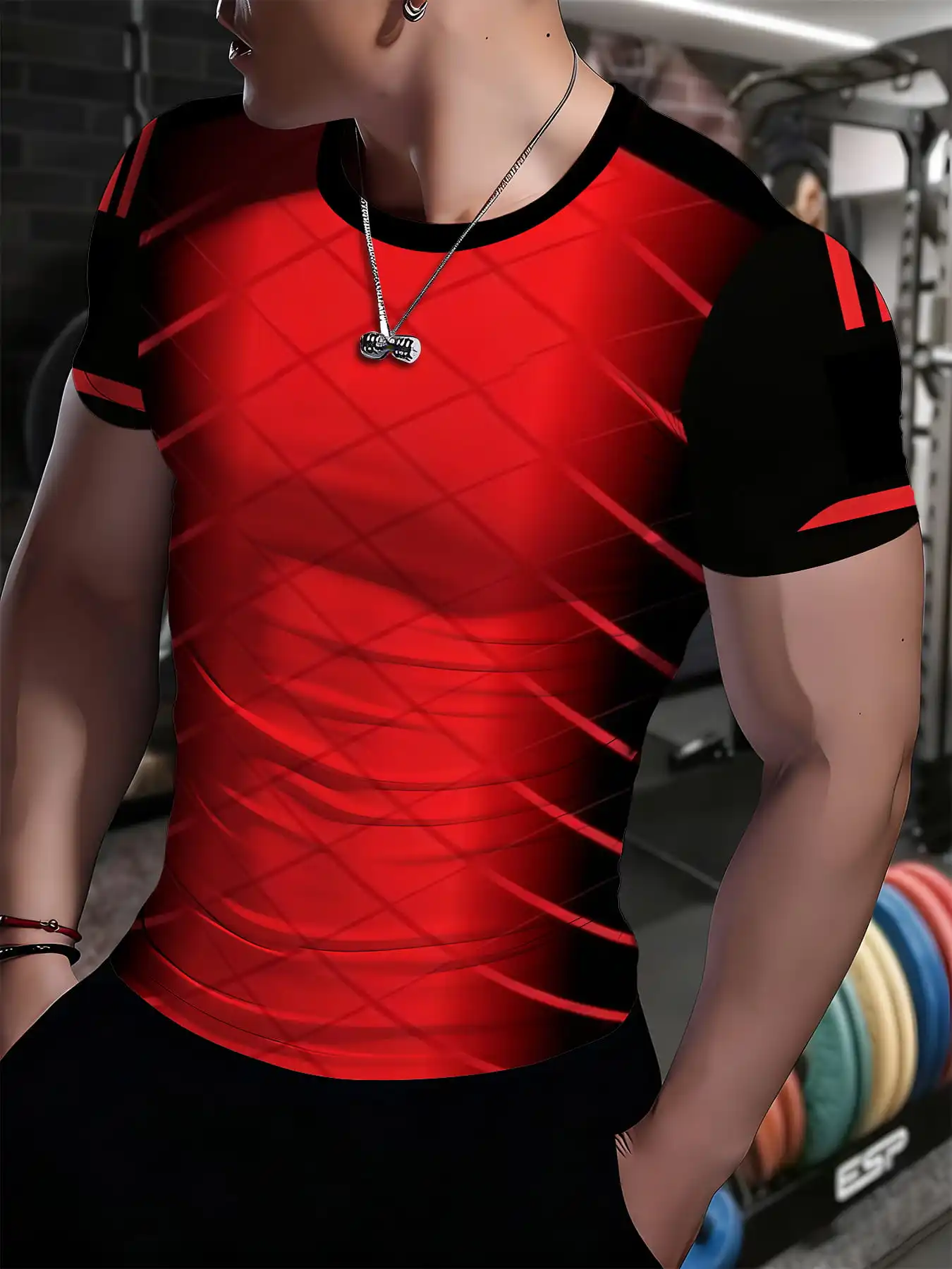 Men Quick Dry Compression Tee Red Black Grid Raglan Gym Fitness Short Sleeve Top