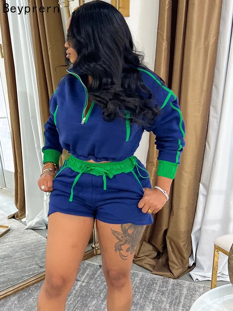 Beyprern 2026 Casual Contrast Color Two Piece Set Women Quarter Zip Long Sleeve Crop Top and Drawstring Shorts Set Sporty Outfit
