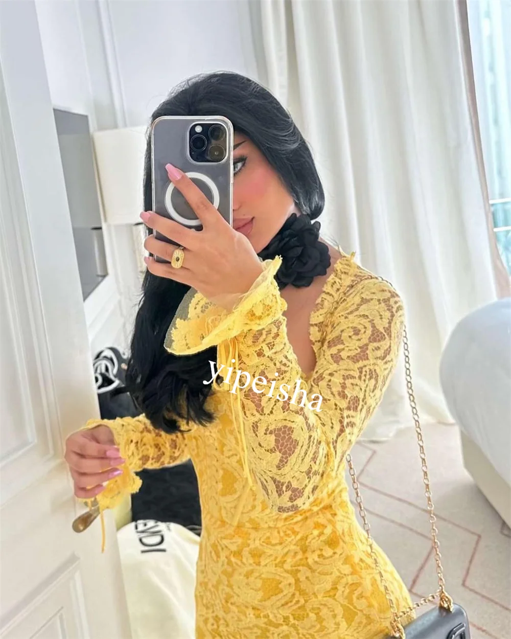 Patrón de red personalizado Quinceañera vaina cuello cuadrado vestido de ocasión a medida vestidos midi Arabia Saudita