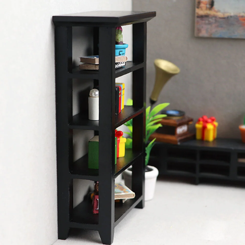 Dollhouse Bookshelf Mini Black Bookcase Flower Stand Decor Miniature Furniture Decorate