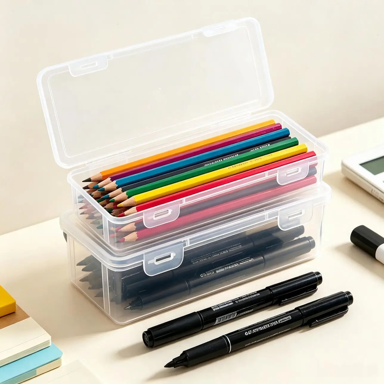 Transparent PP Storage Boxes with Lids, Used for Storing Office Supplies, Pencils, and Crafts