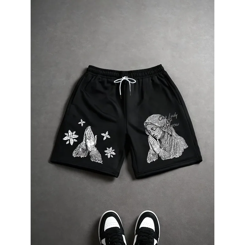 Men's Printed Masked Figure and Letter Printed Shorts with Waistband, Summer Street Fashion Shorts