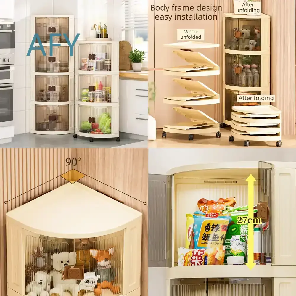 PP Foldable Movable Corner Cabinet Storage for Snacks Toys Double Door Organizer Box Kitchen Living Room Bathroom Storage