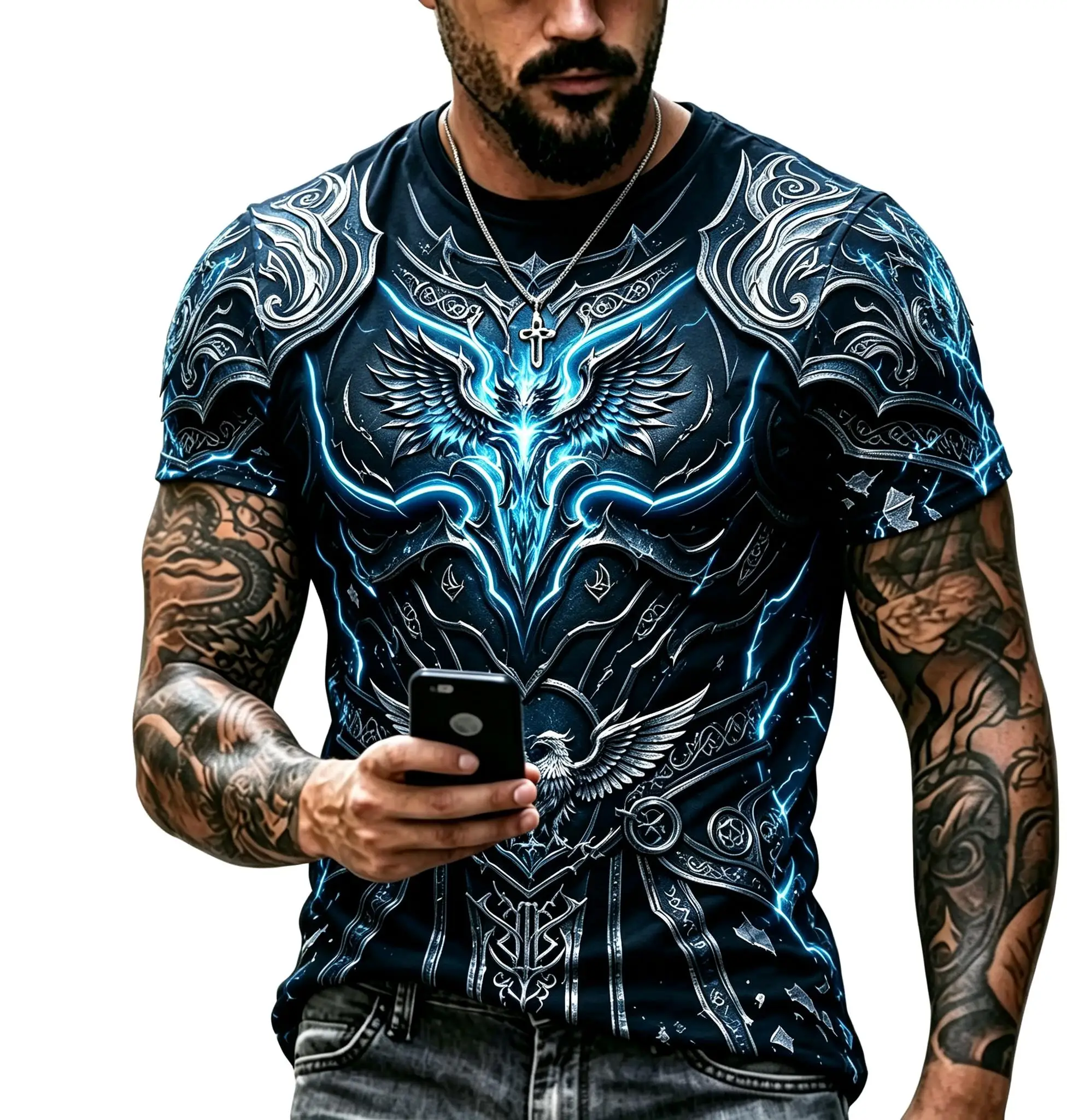 Men Fantasy Short Sleeve Tee, Medieval Knight Armor Phoenix Wing Allover Print Casual Top