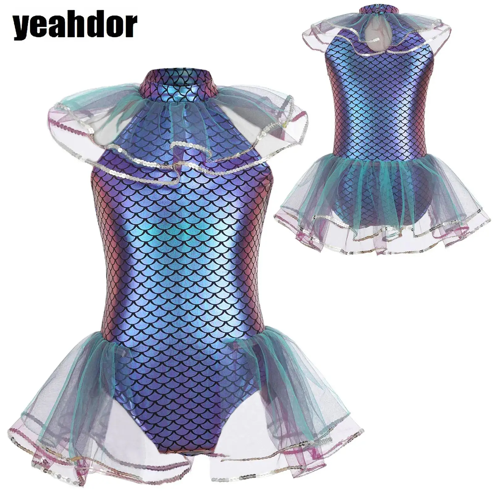 

Girls Halloween Mermaid Cosplay Costume Sleeveless Mermaid Leotard Fish Scales Bodysuit Metallic Sequin Bodysuit Arm Sleeves Set