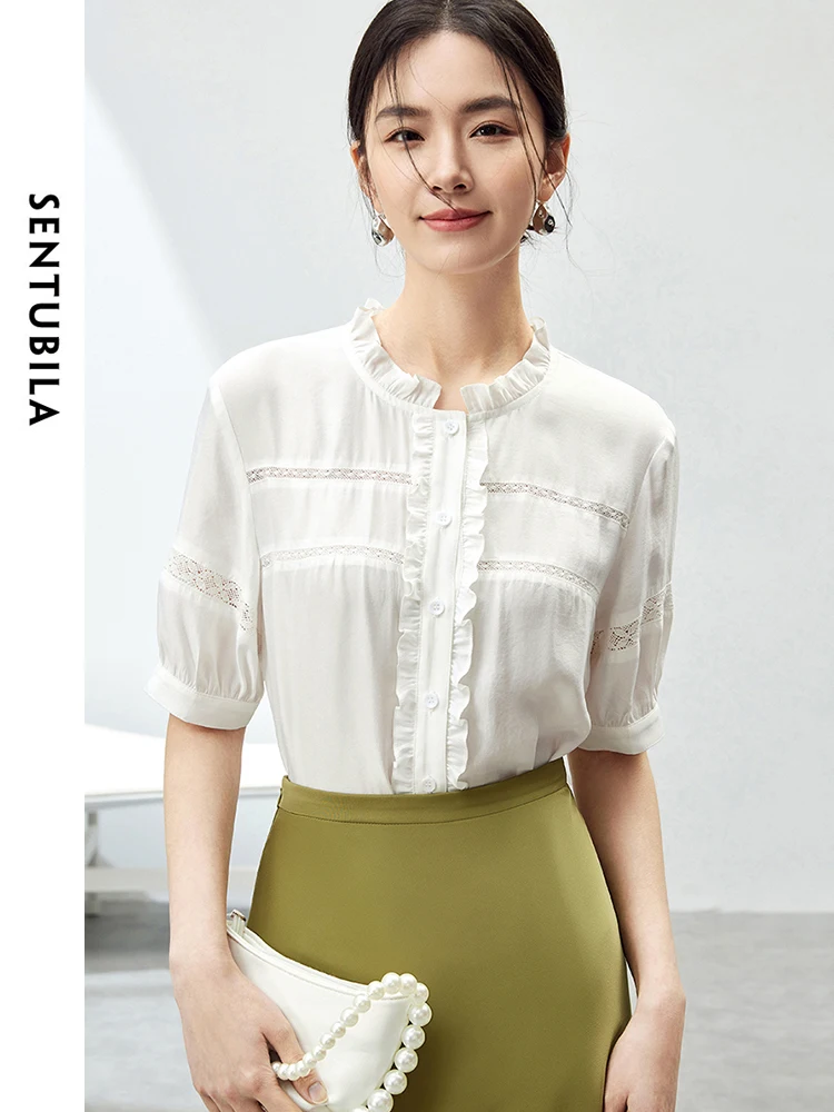 

SENTUBILA Elegant Ruffled Button Up White Shirt 2024 Summer New French Style Spliced Blouse Solid Simple Womens Top 142C54483